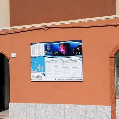 Affiche publicitaire d'un centre de plongée avec tarifs et images marines