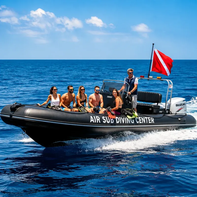 Groupe de plongeurs souriants sur un bateau pneumatique en mer