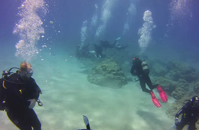 Plongeurs en exploration sous-marine, visibilité correcte, fond sablonneux rocheux