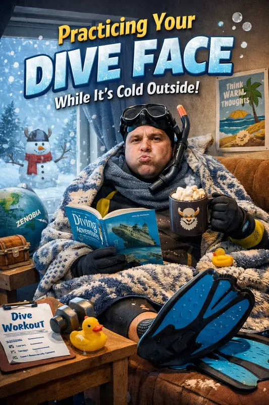 Homme en tenue de plongée, lecture et boisson chaude, ambiance hivernale