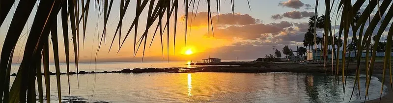 Coucher de soleil sur la mer avec un bateau et des palmiers