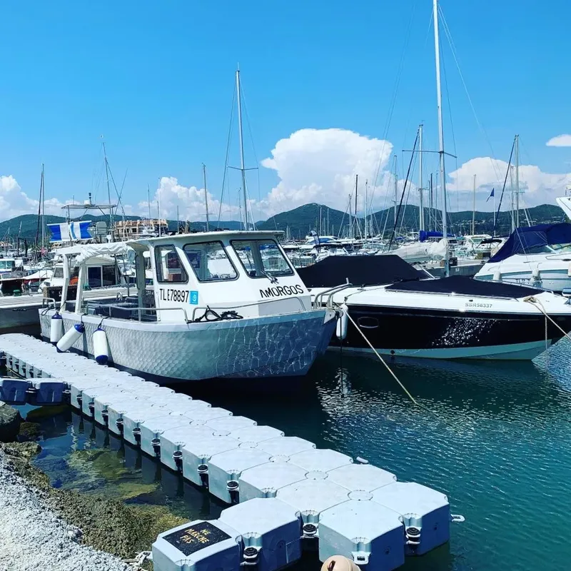 Bateau de plongée amarré à un ponton modulaire dans un port ensoleillé
