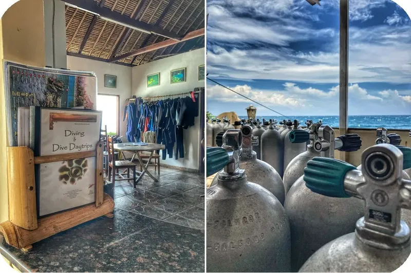 Intérieur d'un centre de plongée avec combinaisons et bouteilles