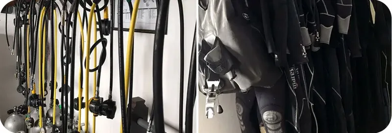 Rangées de bouteilles, détendeurs et gilets de plongée prêts à l'emploi