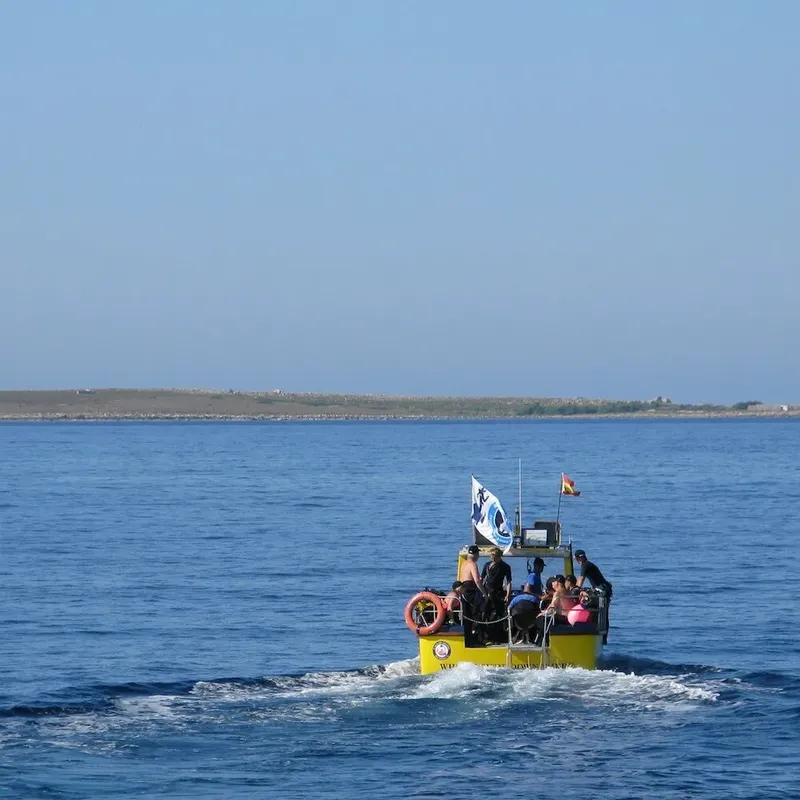 Un bateau jaune transporte des plongeurs sur une mer bleue calme