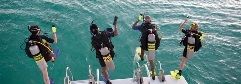 Quatre plongeurs s'apprêtent à sauter d'un bateau en mer turquoise