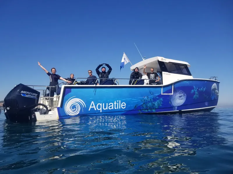 Groupe de plongeurs sur un bateau bleu et blanc en mer