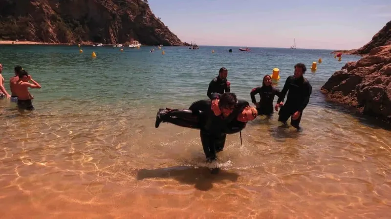 Plongée : des personnes en combinaison sortent de l'eau sur une plage