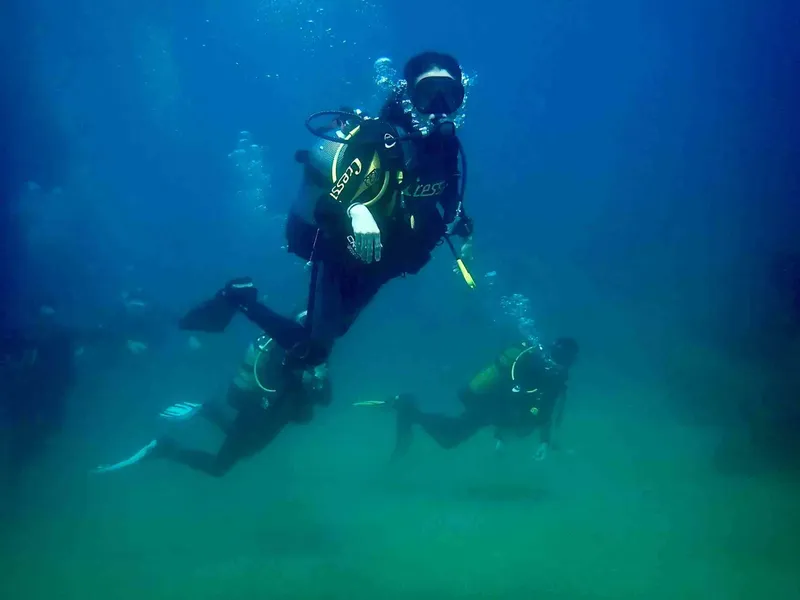 Deux plongeurs en combinaison explorent les profondeurs bleues de la mer