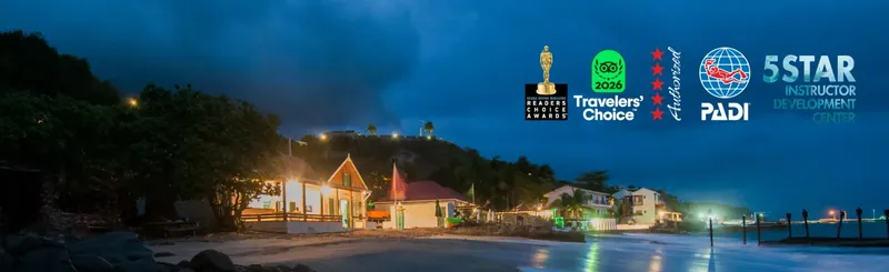 Vue d'ensemble d'un centre de plongée avec des récompenses et logos