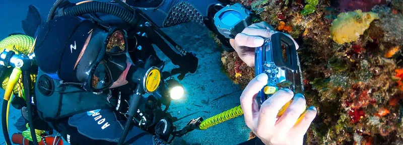 Deux plongeurs sous l'eau examinent un appareil photo étanche