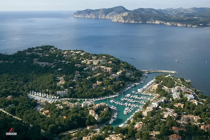 Vue aérienne d'une marina avec des bateaux et une côte rocheuse