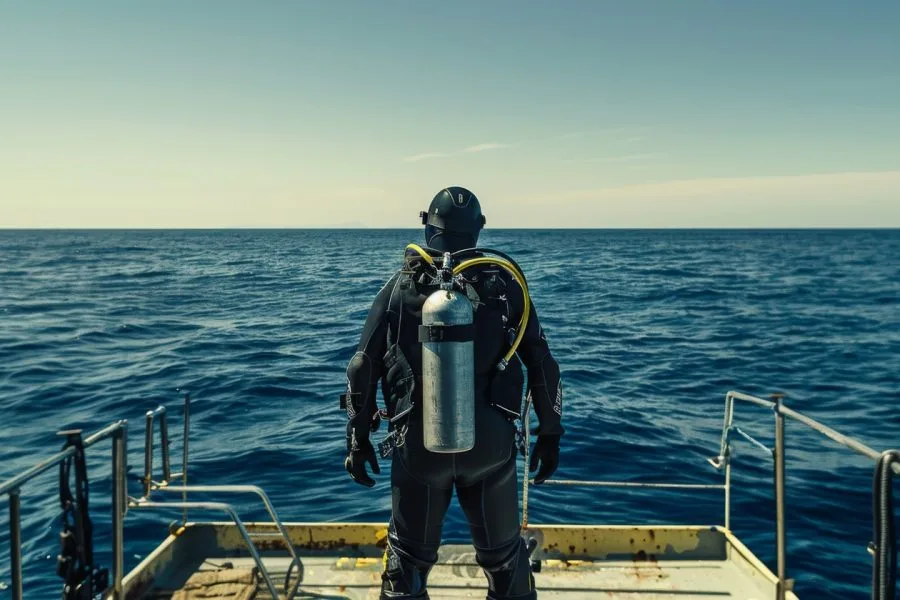 Plongeur équipé se tenant au bord d'une plateforme face à la mer