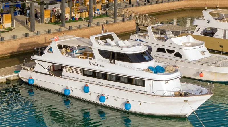 Bateau de plongée amarré dans un port ensoleillé avec des personnes