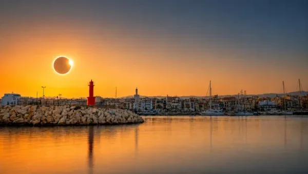 Port de plaisance au coucher du soleil avec phare et bateaux amarrés