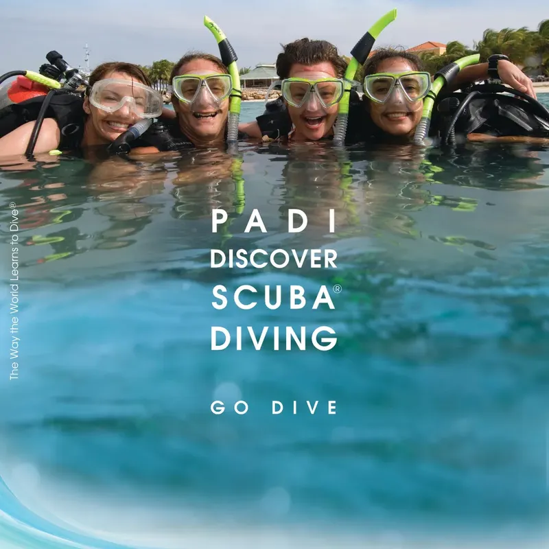 Quatre plongeurs souriants avec leur équipement, promotion PADI Discover Scuba Diving