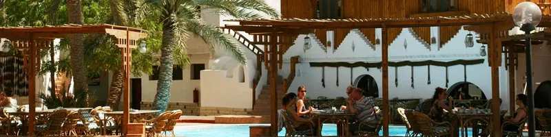 Terrasse ombragée avec tables, chaises et personnes assises, bâtiment blanc