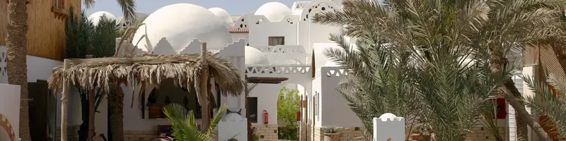 Architecture blanche et végétation luxuriante devant un bâtiment avec des dômes