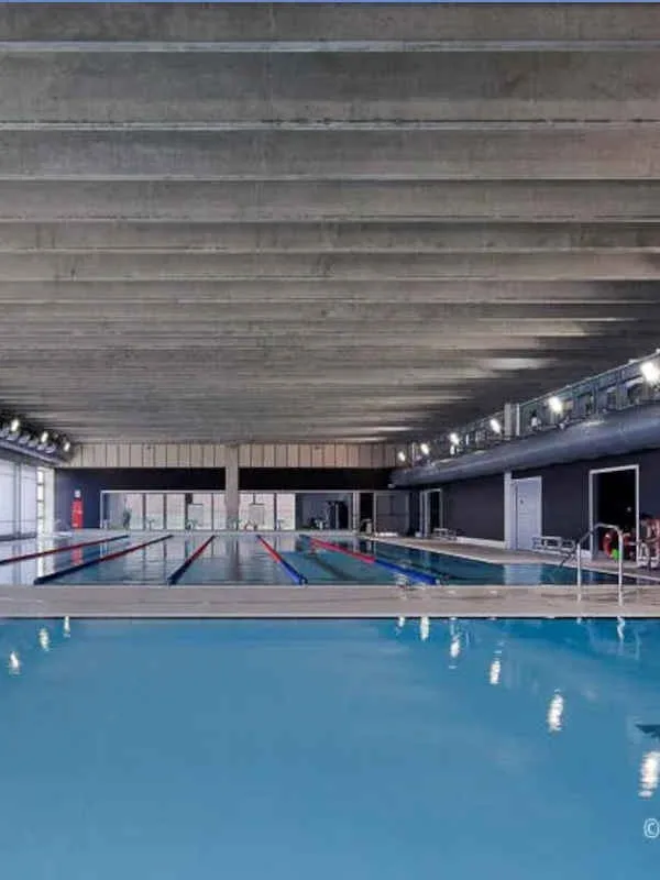 Grande piscine intérieure avec lignes d'eau et éclairage artificiel