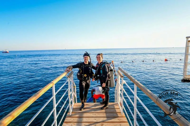 Plongeurs équipés sur un ponton en bois face à la mer