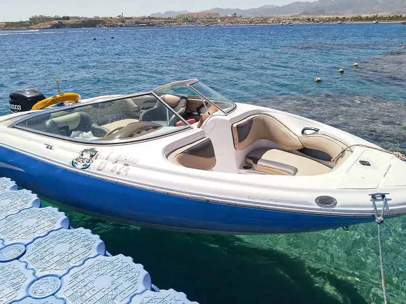 Bateau à moteur blanc et bleu amarré à un ponton flottant