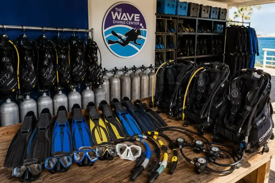 Equipement de plongée complet : gilets, détendeurs, bouteilles et palmes alignés