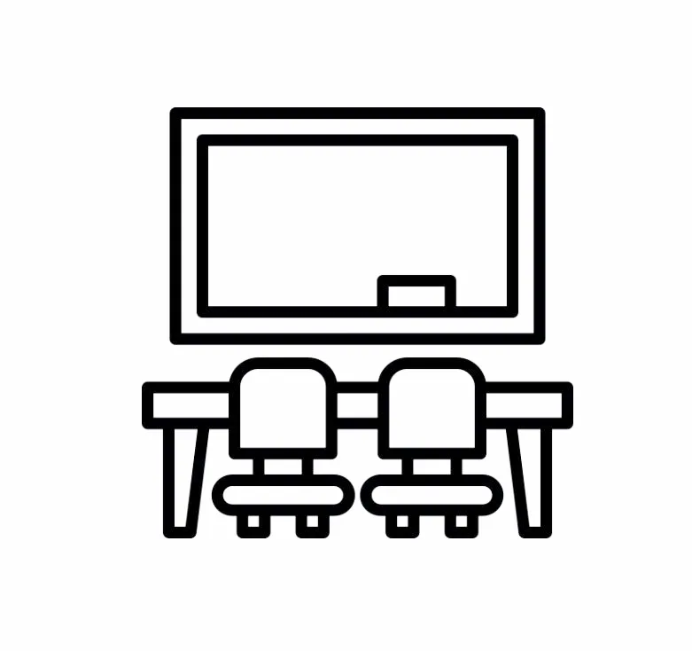 Tableau noir, chaises et table, illustration simple en noir et blanc