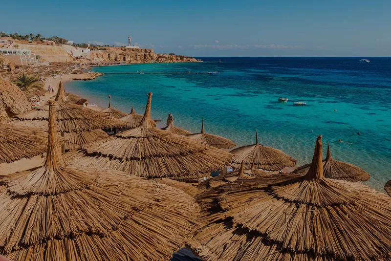 Plage de sable avec parasols en roseaux et mer turquoise ensoleillée