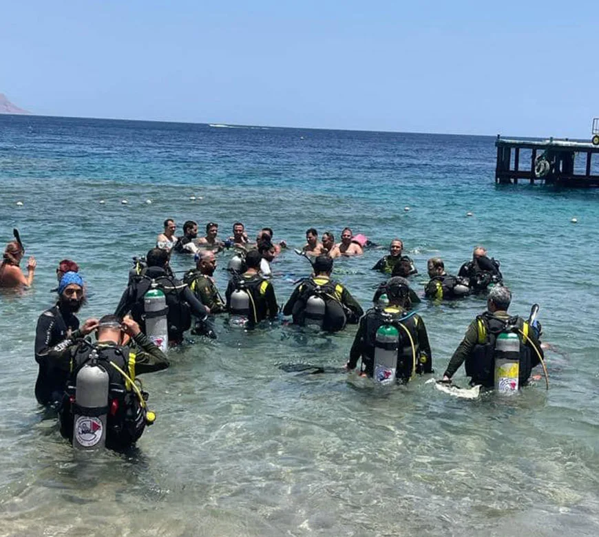 Groupe de plongeurs équipés dans l'eau peu profonde, préparant une sortie