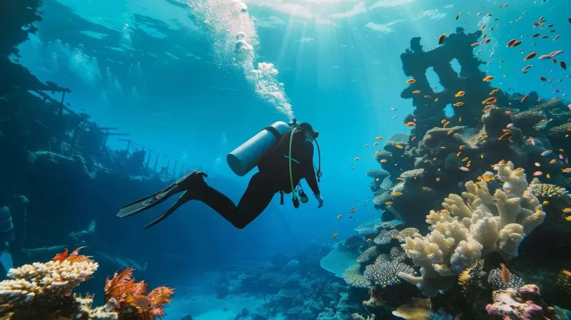Plongeur explorant un récif corallien avec des poissons colorés