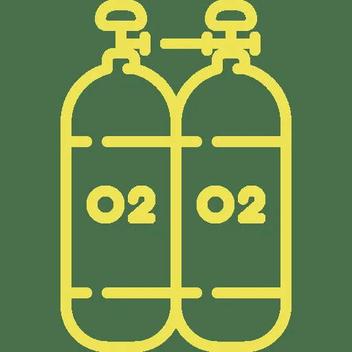 Deux bouteilles de plongée jaunes avec l'inscription O2 sur fond vert