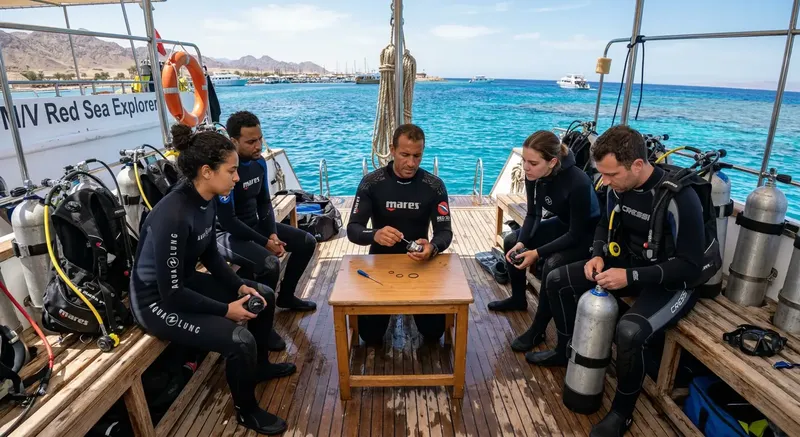 Plongeurs préparant leur matériel sur le pont d'un bateau en mer