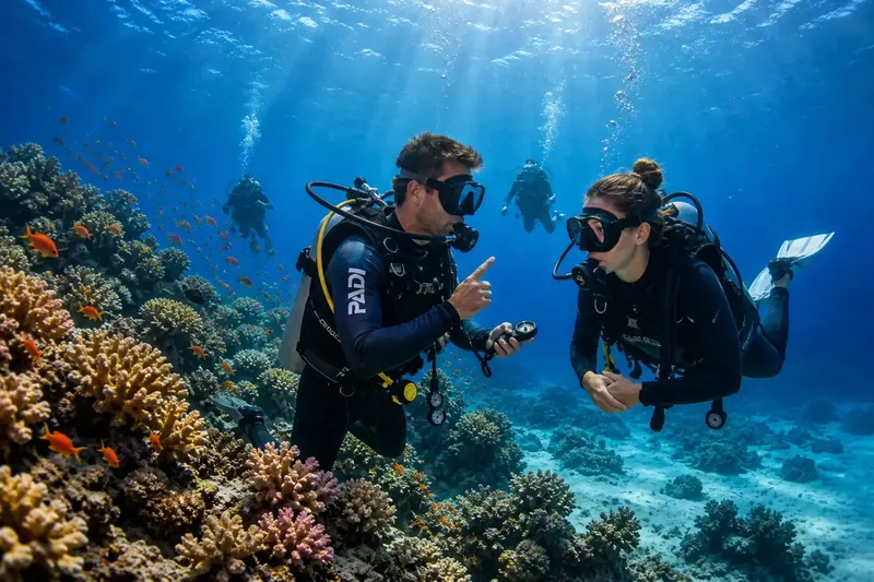 Deux plongeurs communiquent sous l'eau au milieu d'un récif corallien