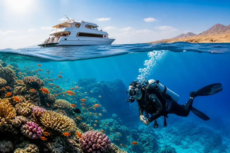 Plongeur explore un récifal corallien avec des poissons colorés