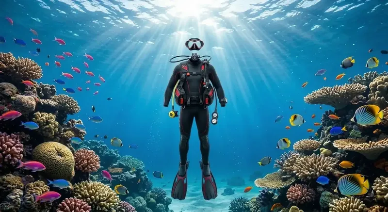 Plongeur en combinaison noire entouré de poissons colorés et de coraux