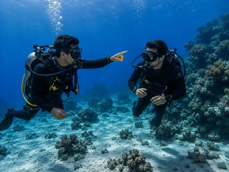 Deux plongeurs en combinaison explorent un récif corallien sous-marin