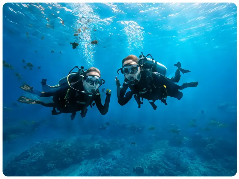 Deux plongeurs souriants nagent ensemble dans une eau bleue claire
