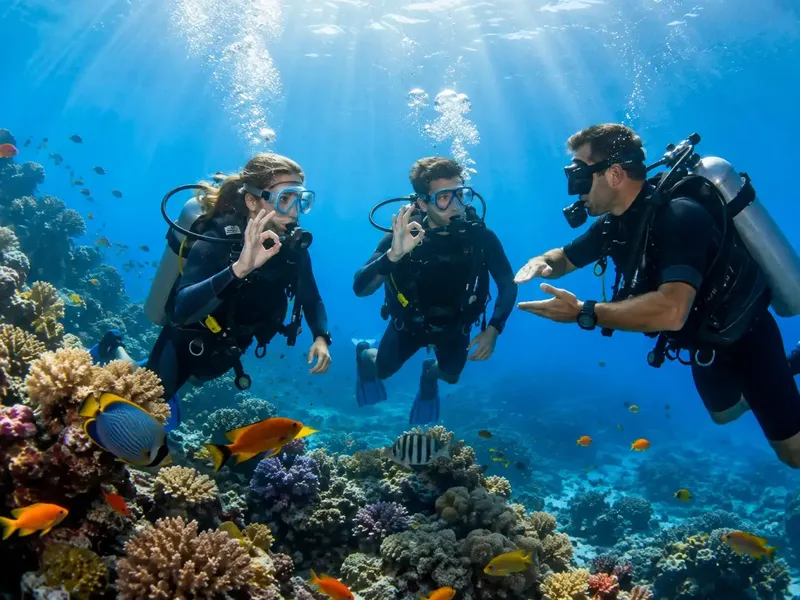 Trois plongeurs interagissent avec des poissons colorés sur un récif corallien