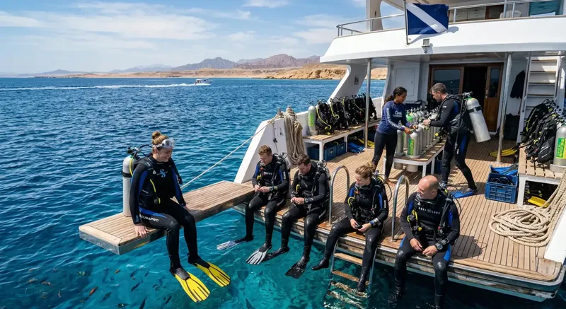Plongeurs équipés se préparent à entrer dans l'eau depuis un bateau