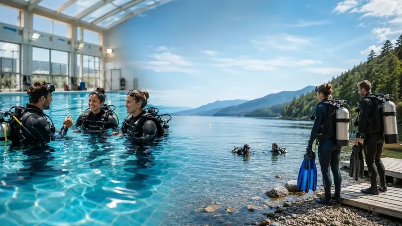 Plongeurs en combinaison discutent au bord d'une piscine et d'un lac