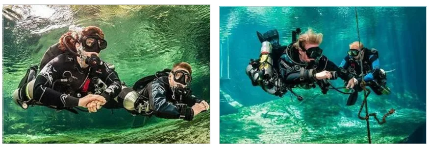 Deux plongeurs en combinaison explorent les fonds marins, visages visibles