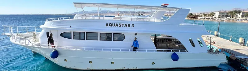Bateau de plongée blanc amarré à un ponton avec des personnes à bord