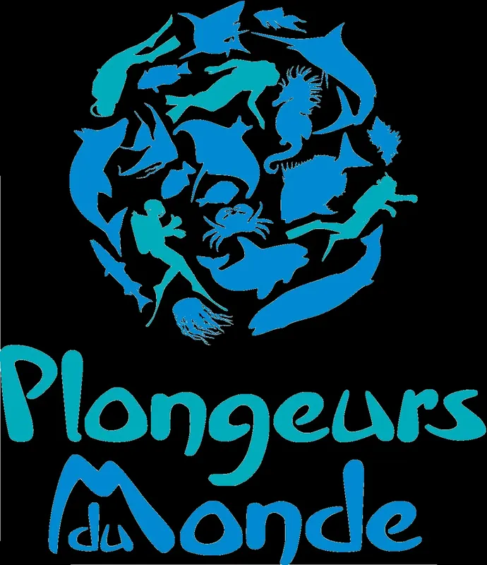 Silhouette bleue d'animaux marins et texte Plongeurs du Monde