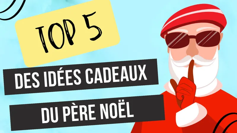 Le Père Noël avec des lunettes de soleil présente des idées cadeaux
