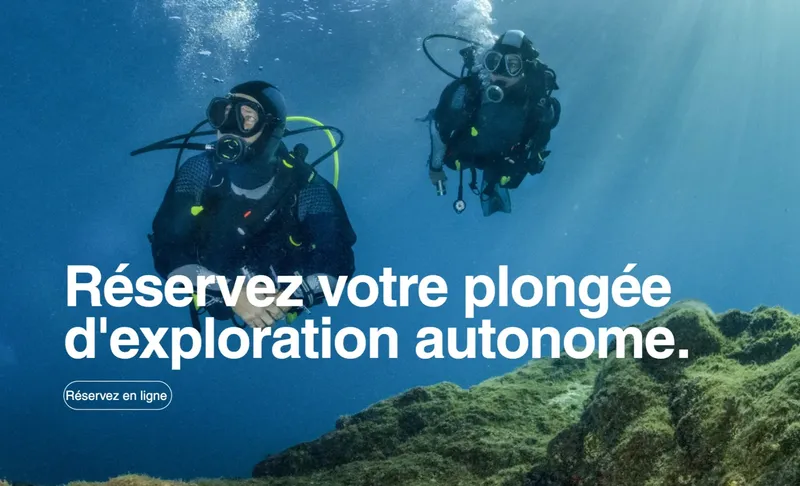 Deux plongeurs équipés explorent les fonds marins, réservation plongée autonome