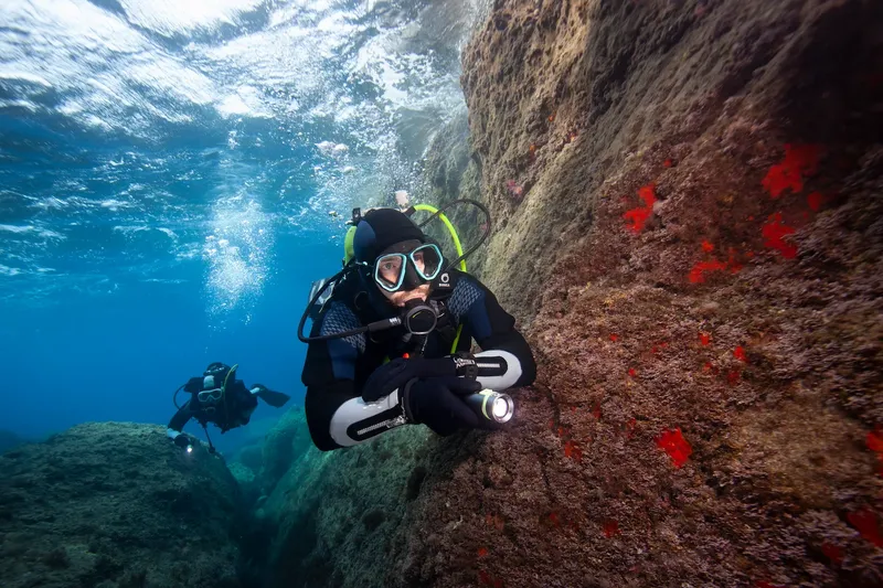 Deux plongeurs explorent une paroi rocheuse sous-marine avec de la lumière