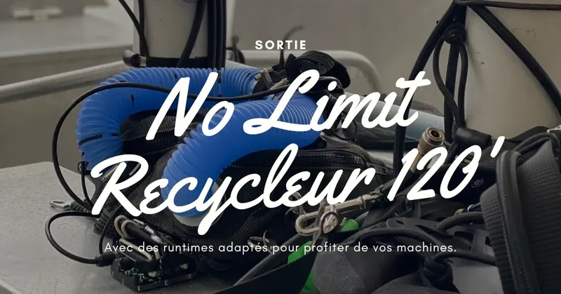 Bouteilles de plongée et recycleur avec texte promotionnel sur fond gris