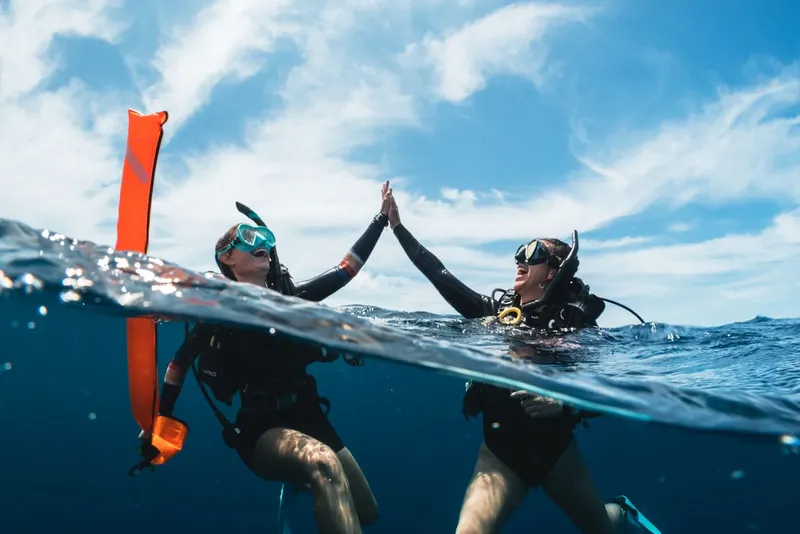 Deux plongeurs se donnent un high-five dans l'eau, ciel bleu