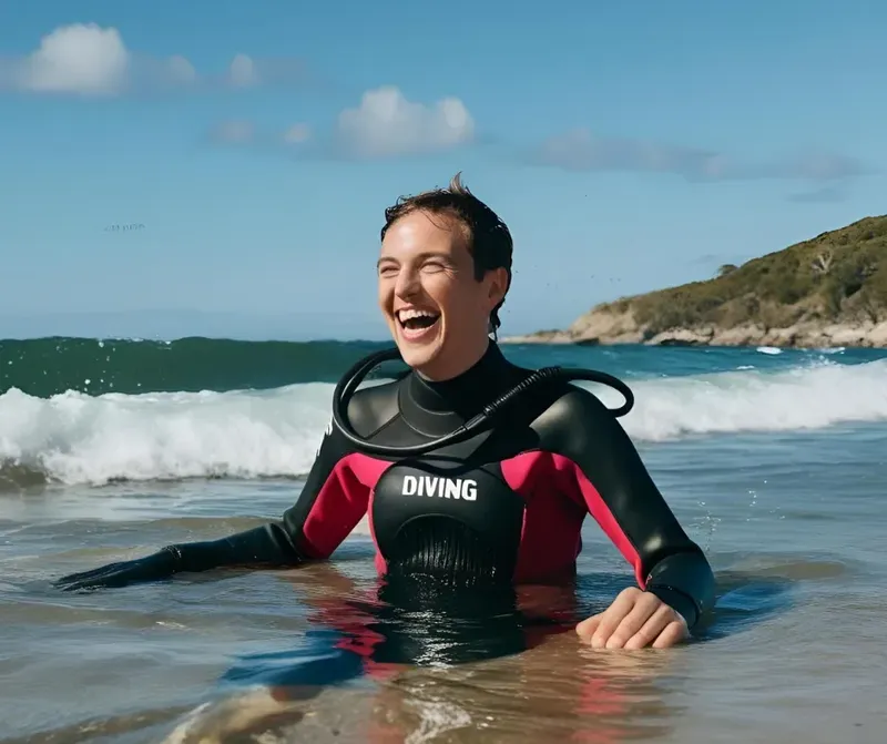 Femme souriante en combinaison de plongée dans l'eau peu profonde
