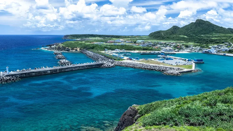 Vue aérienne d'un port de plaisance avec des bateaux et une végétation luxuriante